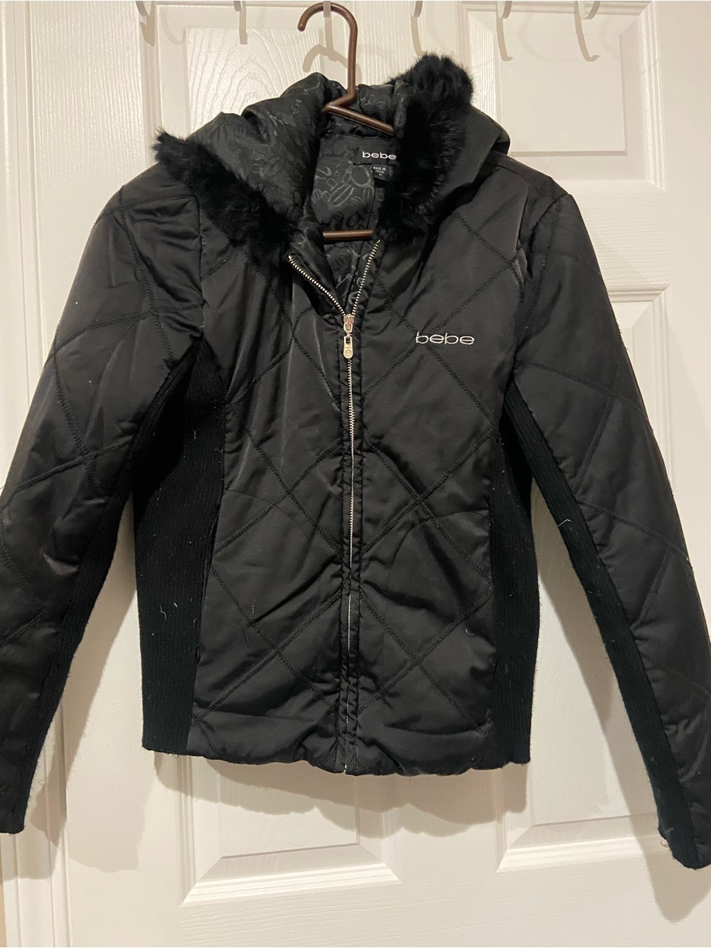 bebe Black Quilted Jacket with Faux Fur Hood